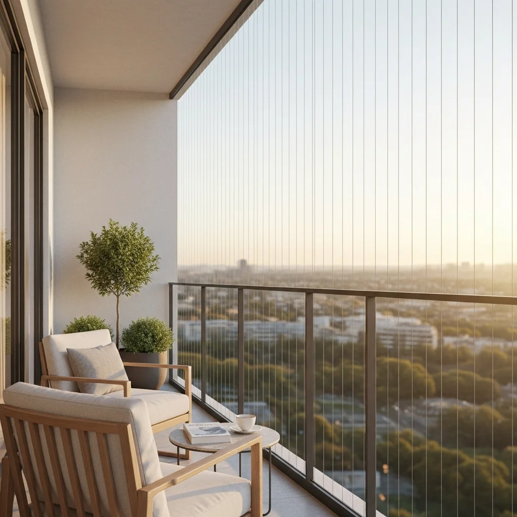 Invisible grill with stainless steel cables on a high-rise balcony