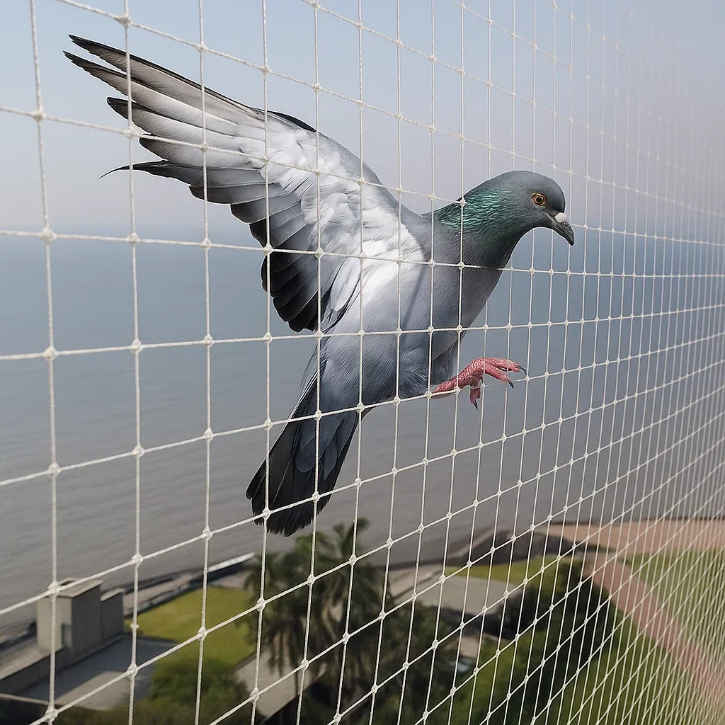 Anti-bird pigeon net fitted across a building balcony